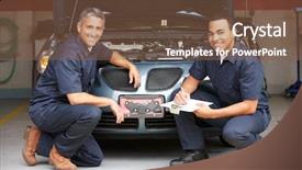  Presentation with mechanics - Beautiful presentation theme featuring two cars - mechanics at work backdrop and a tawny brown colored foreground