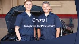  Presentation with mechanics - Beautiful presentation theme featuring two cars - mechanics at work backdrop and a ocean colored foreground