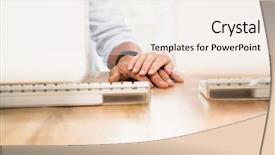  Presentation with business casual - Colorful slide set enhanced with two casual business colleagues putting hands together in the office backdrop and a sky blue colored foreground