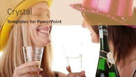  Presentation with new years eve - Audience pleasing presentation theme consisting of two casual young women enjoying champagne in new years eve backdrop and a yellow colored foreground
