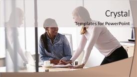  Presentation with contemporary world two columns - Cool new PPT layouts with two casually dressed businesswomen working backdrop and a light gray colored foreground