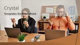  Presentation with call center - PPT theme enhanced with two-caucasian-call-center-agents background and a soft green colored foreground