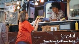 Presentation with food service - Beautiful PPT theme featuring two-caucasian-females-standing backdrop and a tawny brown colored foreground