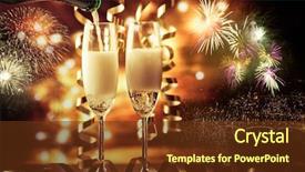  Presentation with new year - Amazing PPT theme having two champagne glasses with ribbons backdrop and a tawny brown colored foreground
