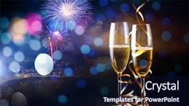  Presentation with new year - Presentation theme featuring two champagne glasses with ribbons background and a navy blue colored foreground