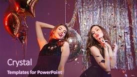  Presentation with two black women - Colorful PPT theme enhanced with two charming playful young women in black dresses dancing and having party over purple background backdrop and a tawny brown colored foreground
