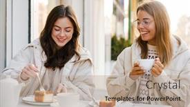  Presentation with friends - Presentation theme featuring two-cheerful-attractive-women-friends background and a coral colored foreground