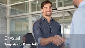  Presentation with handshake - Colorful slide deck enhanced with two-cheerful-businessmen-shaking-hands backdrop and a dark gray colored foreground