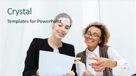  Presentation with working together - Slide deck consisting of two cheerful charming businesswomen working background and a sky blue colored foreground