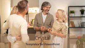  Presentation with living room - PPT theme enhanced with two-cheerful-couples-in-casualwear background and a coral colored foreground