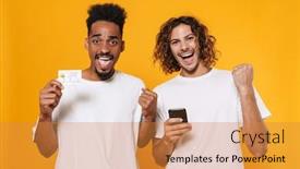  Presentation with credit card - Amazing slides having two-cheerful-excited-men-friends backdrop and a gold colored foreground