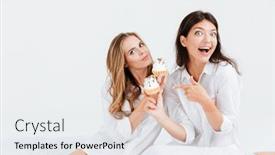  Presentation with muffins - Presentation theme enhanced with two cheerful girlfriends holding sweet muffins while sitting in bed together background and a sky blue colored foreground