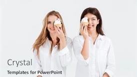  Presentation with muffins - Audience pleasing presentation theme consisting of two cheerful girlfriends holding sweet muffins while sitting in bed together backdrop and a white colored foreground