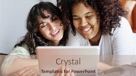  Presentation with cheerful - Presentation consisting of two-cheerful-girlfriends-with-tablet background and a coral colored foreground