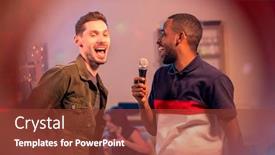  Presentation with intercultural - Audience pleasing theme consisting of two-cheerful-intercultural-guys-singing backdrop and a tawny brown colored foreground