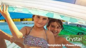  Presentation with summer camp - Colorful presentation theme enhanced with two-cheerful-kids-with-inflatable backdrop and a coral colored foreground