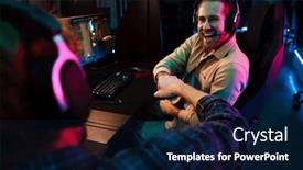  Presentation with video game - Presentation enhanced with two-cheerful-male-gamers background and a navy blue colored foreground