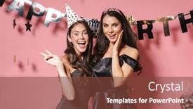  Presentation with pink birthday - Presentation design featuring two cheerful pretty girls wearing dresses celebrating birthday while partying isolated over pink background background and a tawny brown colored foreground