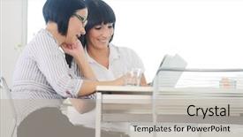  Presentation with business women - PPT theme having two cheerful smiling young business women working at office background and a mint green colored foreground
