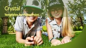  Presentation with teenagers - Slide deck featuring two cheerful teenagers on the grass in the park summer friendship background and a tawny brown colored foreground
