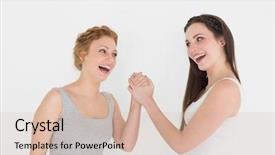  Presentation with wrestling - Amazing slide deck having two cheerful young female friends arm wrestling against white background backdrop and a soft green colored foreground