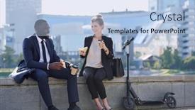  Presentation with intercultural - Beautiful slide set featuring two-cheerful-young-intercultural-business backdrop and a light blue colored foreground