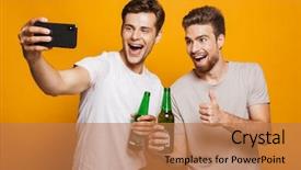  Presentation with cheerful - Colorful slide set enhanced with two cheerful young men best backdrop and a coral colored foreground