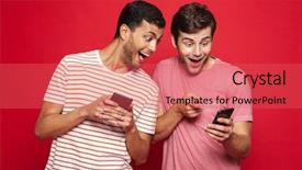  Presentation with mobile games - Slides having two cheerful young men standing background and a red colored foreground