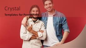  Presentation with cheerful - Audience pleasing slide deck consisting of two-cheerful-young-men-wearing backdrop and a red colored foreground