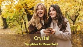  Presentation with walking together - Beautiful PPT theme featuring two-cheerful-young-pretty-girls backdrop and a tawny brown colored foreground