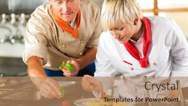  Presentation with hotel kitchen - PPT theme enhanced with two-chefs-in-teamwork-man background and a coral colored foreground