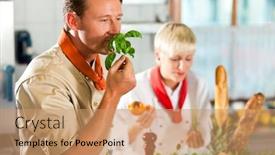  Presentation with hotel kitchen - Presentation design having two-chefs-in-teamwork-man background and a coral colored foreground