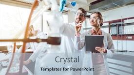  Presentation with breakthrough - PPT theme having two-chemical-scientists-during-breakthrough background and a light blue colored foreground