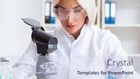  Presentation with discussion - Theme having two chemists having discussion in lab background and a sky blue colored foreground