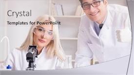  Presentation with discussion - Slide set enhanced with two chemists having discussion in lab background and a soft green colored foreground