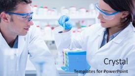  Presentation with working together - Theme with two chemists wearing safety glasses background and a light blue colored foreground