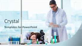  Presentation with lab - Colorful slide set enhanced with two chemists working in lab backdrop and a sky blue colored foreground