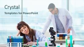  Presentation with automation in lab - Beautiful presentation design featuring two chemists working in lab backdrop and a sky blue colored foreground