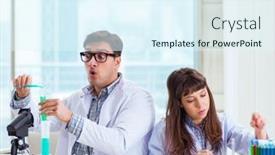  Presentation with innovation lab - Colorful presentation design enhanced with two-chemists-working-in-lab backdrop and a sky blue colored foreground