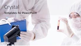  Presentation with innovation lab - PPT theme having two-chemists-working background and a light gray colored foreground