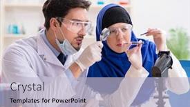  Presentation with lab - Beautiful presentation design featuring two-chemists-working backdrop and a light blue colored foreground