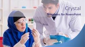  Presentation with sell lab coats - PPT theme having two-chemists-working background and a sky blue colored foreground