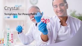  Presentation with lab - Colorful slide set enhanced with two-chemists-working backdrop and a sky blue colored foreground