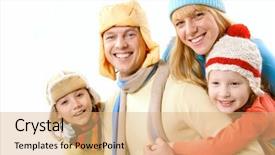  Presentation with wife - PPT theme having two children and wife in winter clothes embracing a happy man on white background background and a coral colored foreground