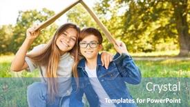  Presentation with roof - Presentation theme with two-children-are-sitting background and a teal colored foreground