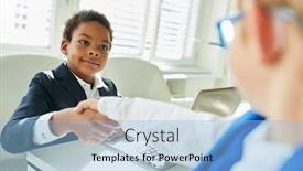  Presentation with business and politics handshake - Beautiful slide deck featuring two-children-as-business-partners backdrop and a light blue colored foreground