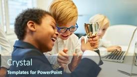  Presentation with winner cup - PPT layouts with two-children-as-business-people background and a ocean colored foreground