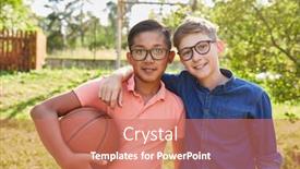  Presentation with summer basketball camp - Colorful slide deck enhanced with two-children-as-friends backdrop and a coral colored foreground
