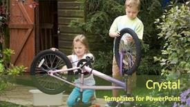  Presentation with children anime - Presentation design consisting of two children cleaning bike together background and a tawny brown colored foreground