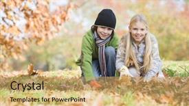  Presentation with multicolored autumn leaves orange yellow red - Beautiful presentation theme featuring two children collecting autumn leaves backdrop and a yellow colored foreground